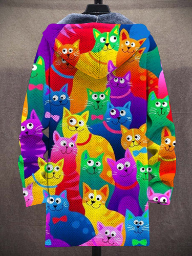 Unisex Funny Colorful Cat Art Pattern Plush Thick Long-Sleeved Sweater Cardigan Coat