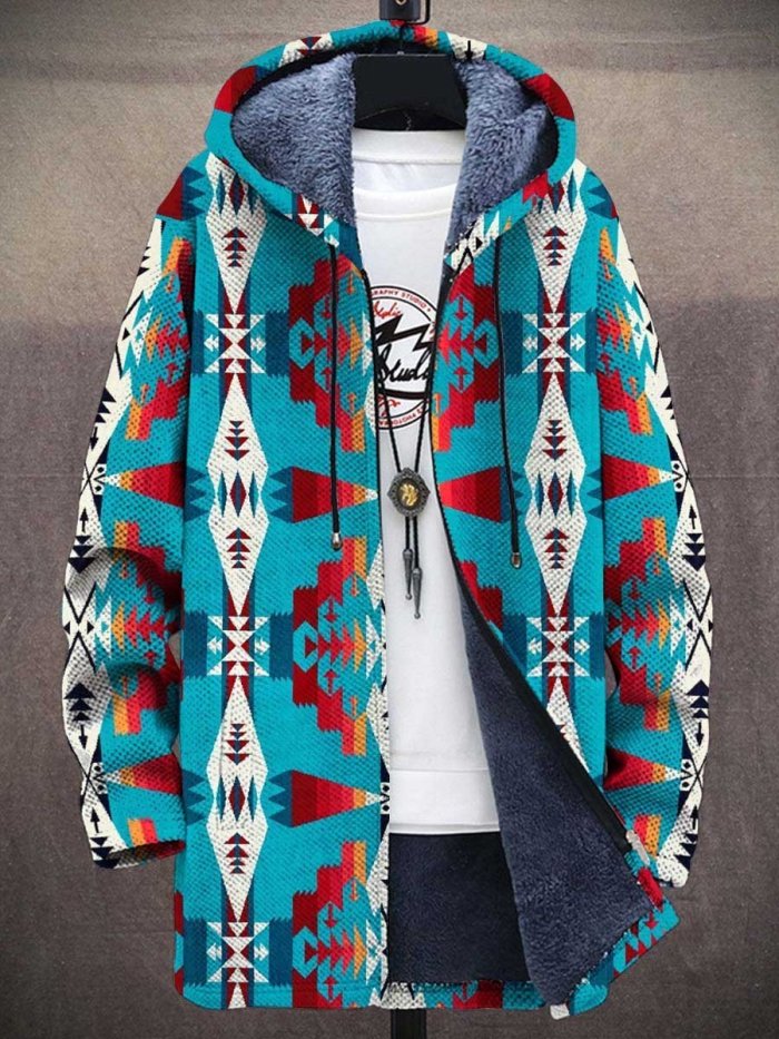 Unisex Western Aztec Vintage Print Plush Thick Long-Sleeved Sweater Coat Cardigan