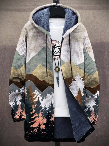 Men's Art Forest Mountain Illustration Long-Sleeved Fleece Sweater Coat Cardigan