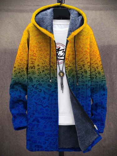 Unisex Gradient Color Text Rune Art Plush Thick Long-Sleeved Sweater Coat Cardigan