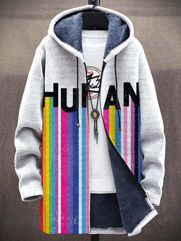 Unisex Human Rainbow Stripe Retro Colourful Stripes Plush Thick Long-Sleeved Sweater Coat Cardigan