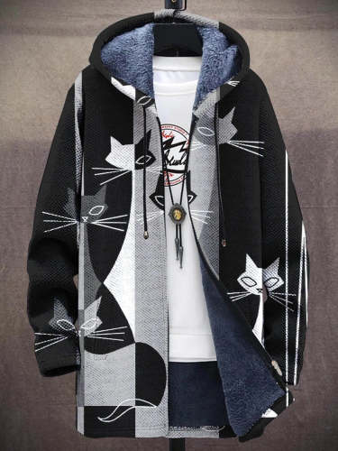 Men's Art Black And White Cat Fashion Gradient Plush Thick Long-Sleeved Sweater Coat Cardigan