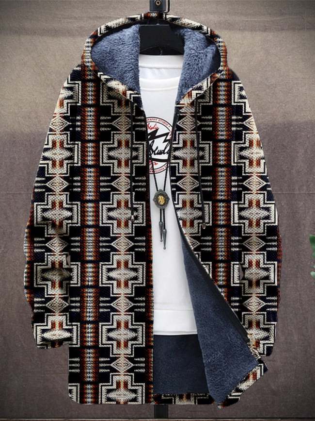 Men's Retro Fashion Print Plush Thick Loose Long-Sleeved Coat Cardigan
