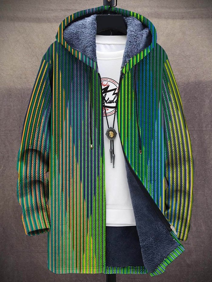 Men's Art Gradient Stripes Plush Thick Long-Sleeved Sweater Coat Cardigan