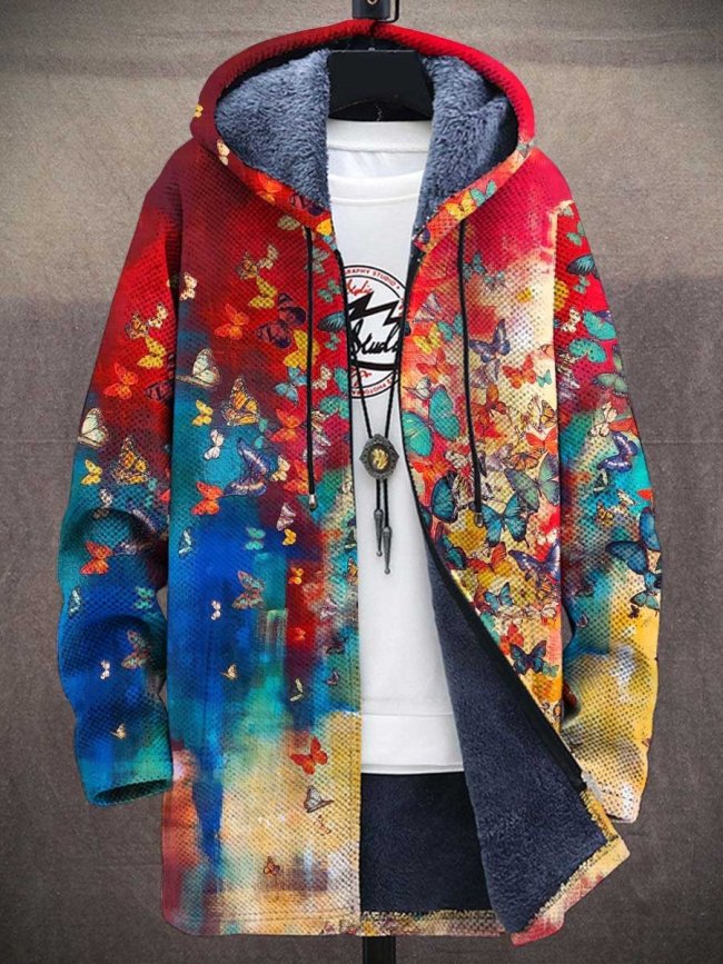 Unisex Vintage Butterfly Art Print Plush Thick Long-Sleeved Sweater Coat Cardigan