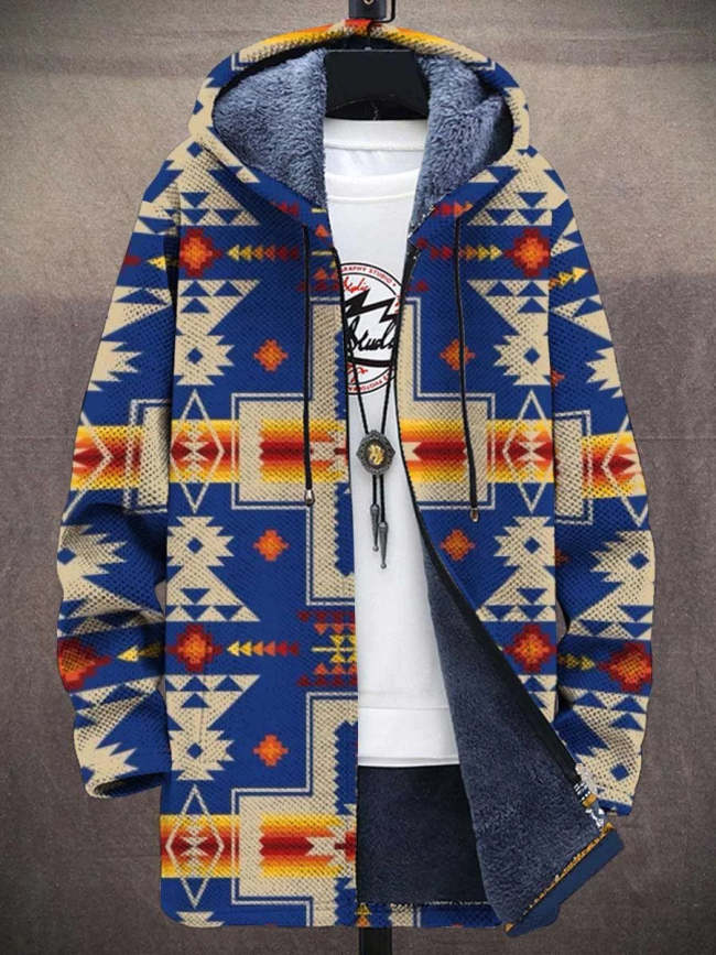 Men's Retro Ethnic Tribe Art Print Plush Thick Long-Sleeved Sweater Coat Cardigan