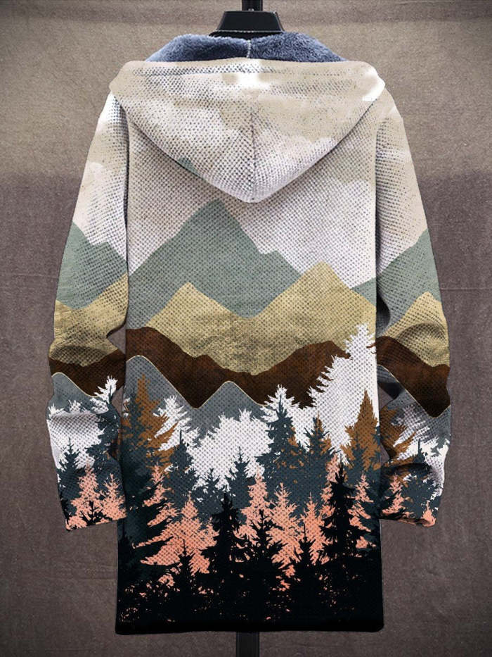 Men's Art Forest Mountain Illustration Long-Sleeved Fleece Sweater Coat Cardigan