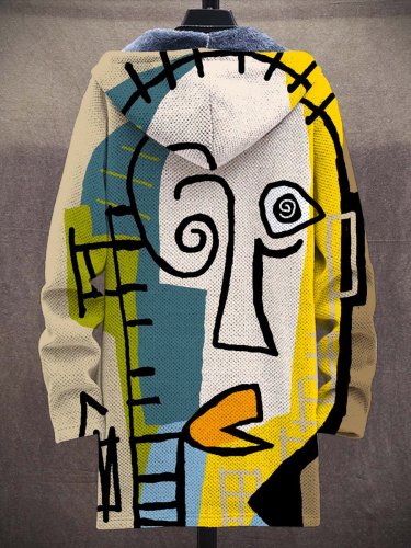 Unisex Retro Abstract Figure Art Pattern Plush Thick Long-Sleeved Sweater Coat Cardigan