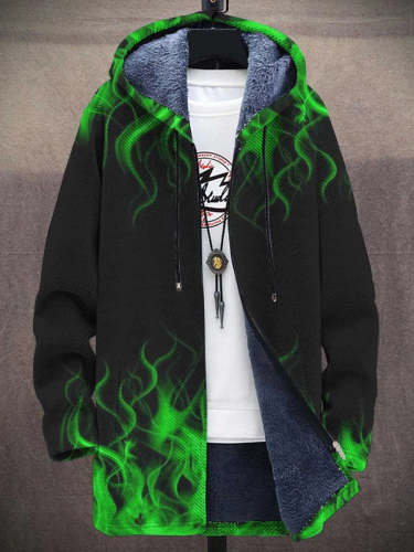 Men's Flame Art Print Plush Thick Long-Sleeved Sweater Coat Cardigan
