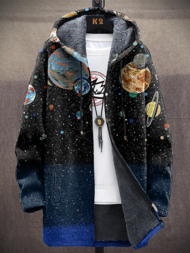 Unisex Art Planet Print Warm Plush Long Sleeve Jacket Cardigan