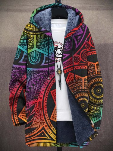 Unisex Plush Ethnic Pattern Art MulticolorThick Long-Sleeved Sweater Coat Cardigan