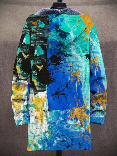 Men's Oil Painting Art Fashion Plush Thick Long-Sleeved Sweater Coat Cardigan