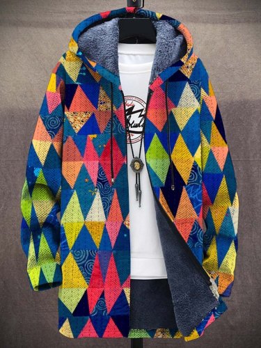 Unisex Vintage Geometric Art Print Plush Thick Long-Sleeved Sweater Coat Cardigan