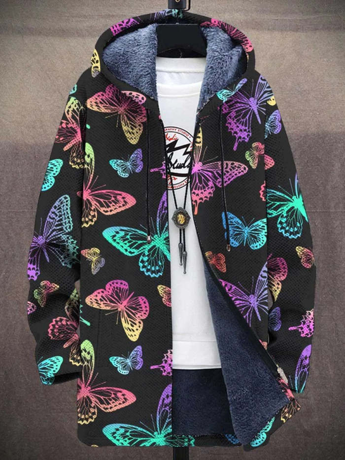 Unisex Vintage Butterfly Art Print Plush Thick Long-Sleeved Sweater Coat Cardigan