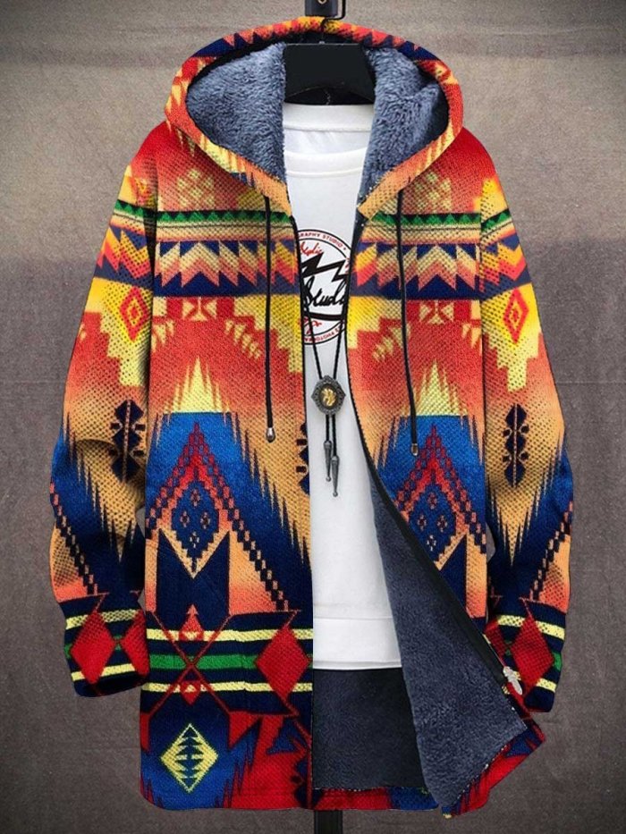 Unisex Western Aztec Vintage Print Plush Thick Long-Sleeved Sweater Coat Cardigan