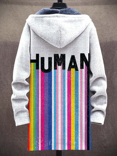 Unisex Human Rainbow Stripe Retro Colourful Stripes Plush Thick Long-Sleeved Sweater Coat Cardigan