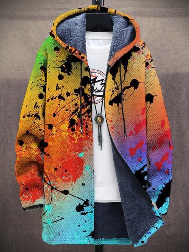 Men's Art Watercolor Gradient Plush Thick Long-Sleeved Sweater Coat Cardigan