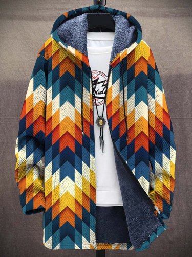 Men's Art Colorful Geometry Long-Sleeved Fleece Sweater Coat Cardigan