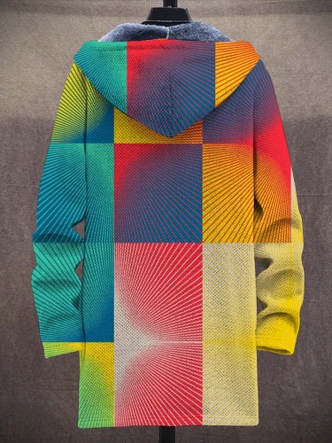 Unisex Simple Geometric Rainbow Art Pattern Plush Thick Long-Sleeved Sweater Coat Cardigan