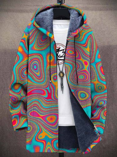 Men's Retro Waves Art Print Plush Thick Long-Sleeved Sweater Coat Cardigan