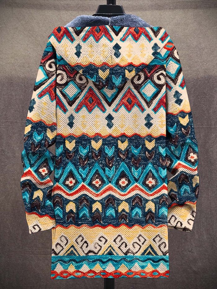 Unisex Plush Ethnic Pattern Abstract Art Thick Long-Sleeved Sweater Coat Cardigan