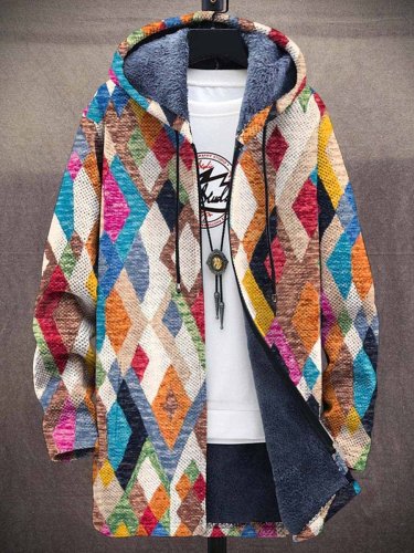 Men's Geometry Print Plush Thick Long-Sleeved Sweater Coat Cardigan