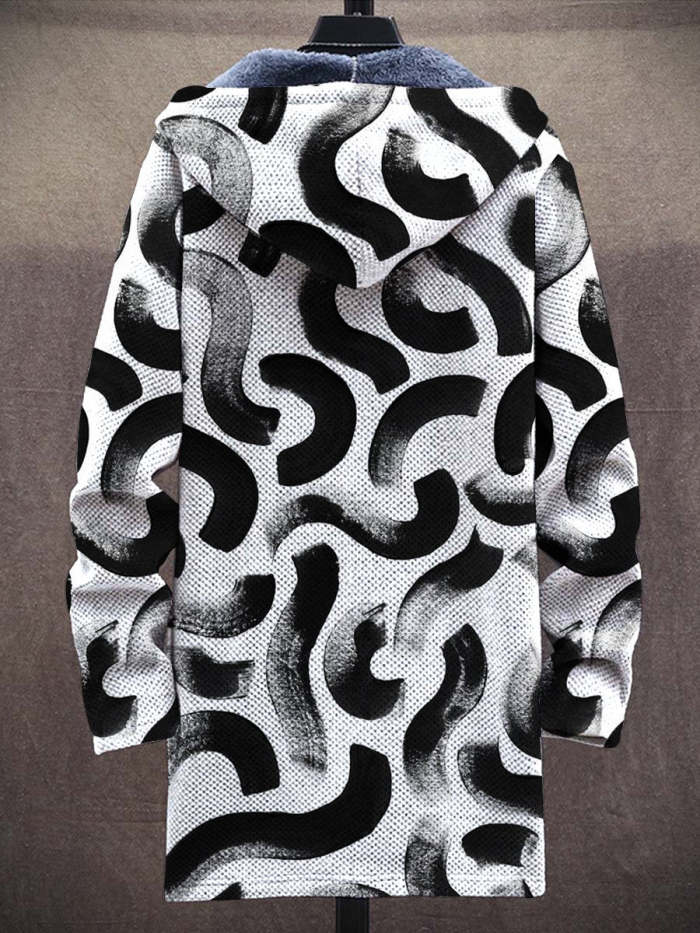 Unisex Black and White Geometry Art Plush Thick Long-Sleeved Sweater Coat Cardigan