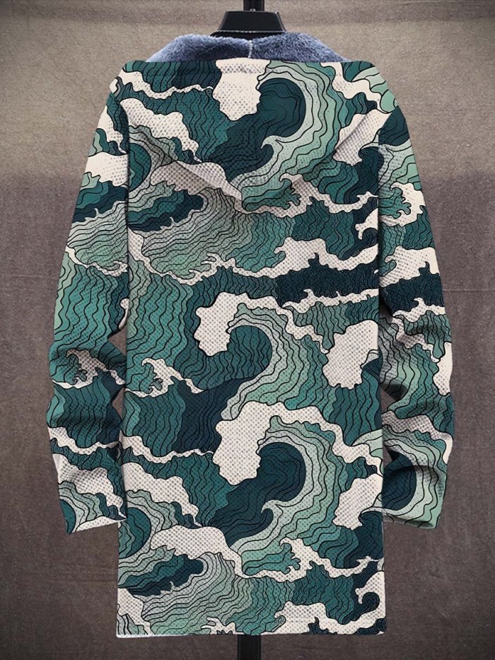 Men's Color Art Waves Plush Thick Long-Sleeved Sweater Coat Cardigan