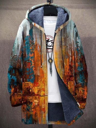 Men's Color Oil Painting Art Fathion Plush Thick Long-Sleeved Sweater Coat Cardigan