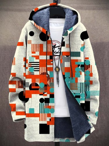 Unisex Retro Geometric Art Pattern Plush Thick Long-Sleeved Sweater Coat Cardigan