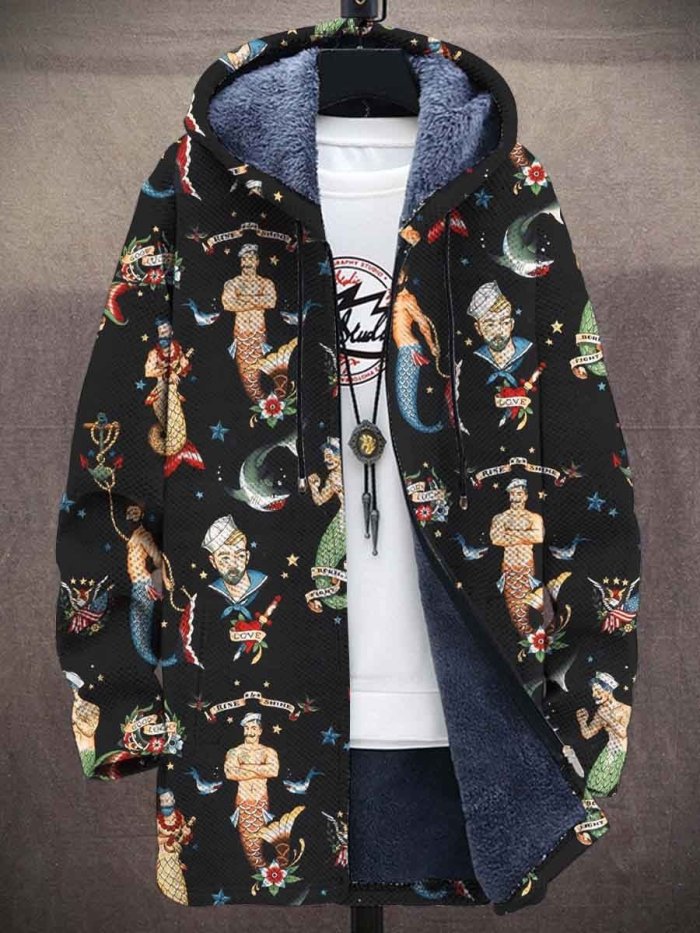 Men's Art Mermaid Print Plush Thick Loose Long-Sleeved Coat Cardigan