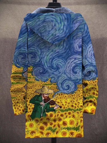 Unisex Retro Van Gogh Sunflower Art Pattern Plush Thick Long-Sleeved Sweater Coat Cardigan