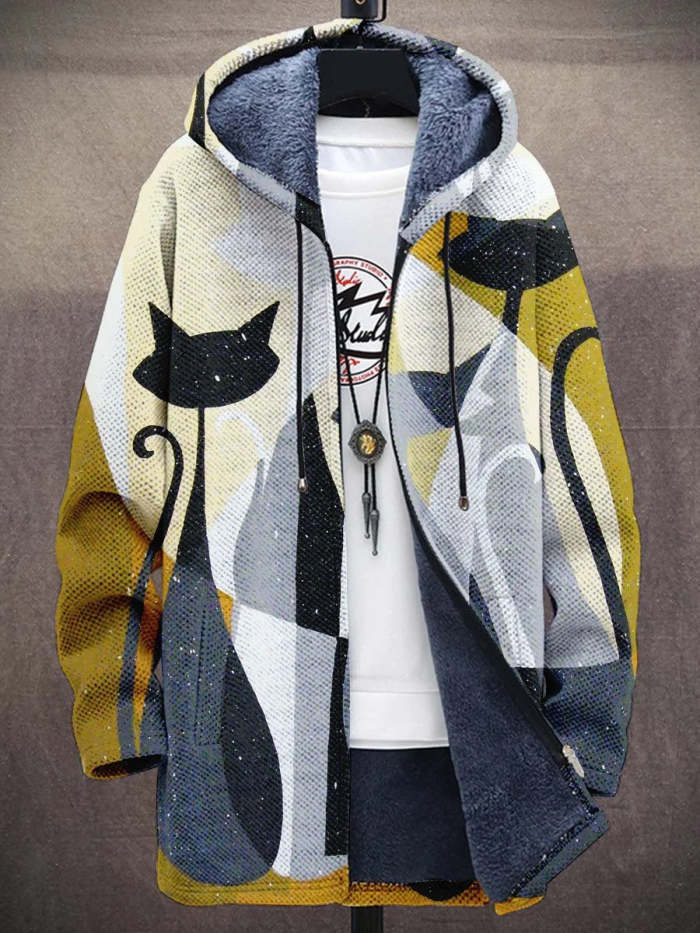 Men's Art Line Cat Fashion Gradient Plush Thick Long-Sleeved Sweater Coat Cardigan