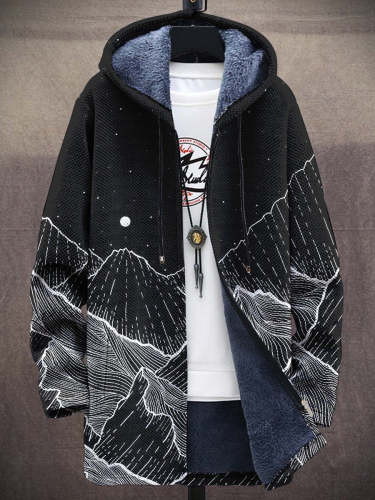 Men's Black And White Mountain Art Long-Sleeved Fleece Sweater Coat Cardigan