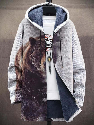 Men's Bear Art Simple Plush Thick Loose Long-Sleeved Coat Cardigan
