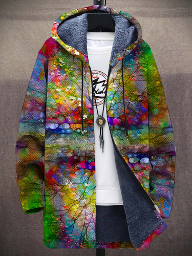 Unisex Multicolor Art Print Plush Thick Long-Sleeved Sweater Cardigan Coat