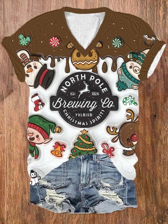 Women's Vintage Christmas North Pole Brewing Co Print T-Shirt