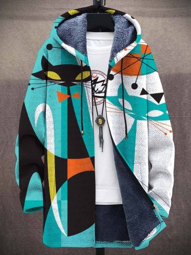 Men's Cat Print Plush Thick Long-Sleeved Sweater Coat Cardigan