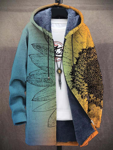 Unisex Gradient Sunflower Art Plush Thick Long-Sleeved Sweater Coat Cardigan