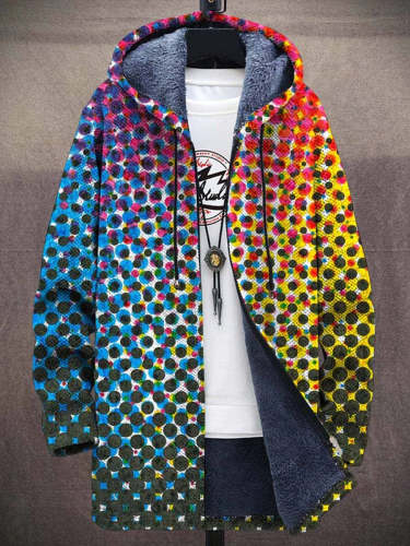 Men's Rainbow Geometry Print Plush Thick Long-Sleeved Sweater Coat Cardigan