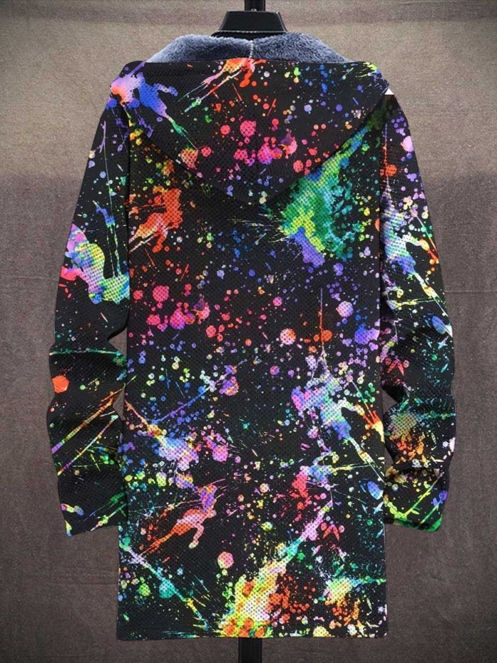 Men's Retro Color Spray Art Print Plush Thick Long-Sleeved Sweater Coat Cardigan