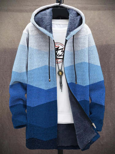Men's Art Gradient Mountain Illustration Long-Sleeved Fleece Sweater Coat Cardigan