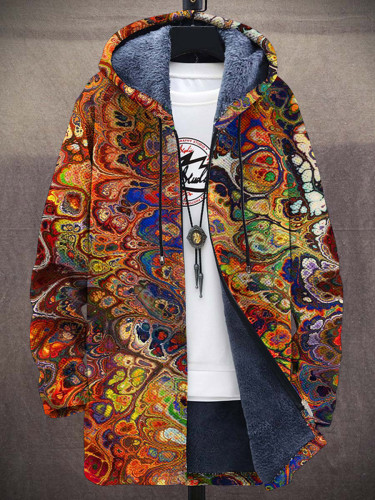 Unisex Retro Ethnic Colorful Art Pattern Plush Thick Long-Sleeved Sweater Cardigan Coat