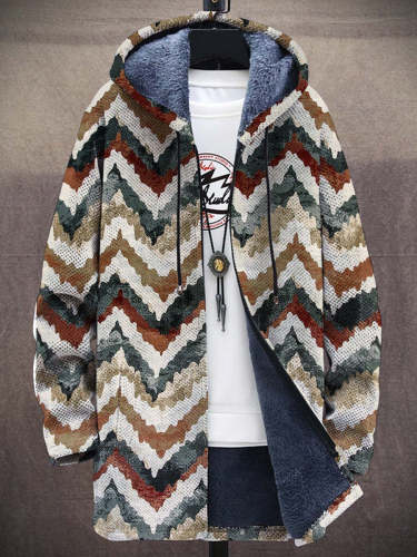 Men's Art Color Stripe Long-Sleeved Fleece Sweater Coat Cardigan