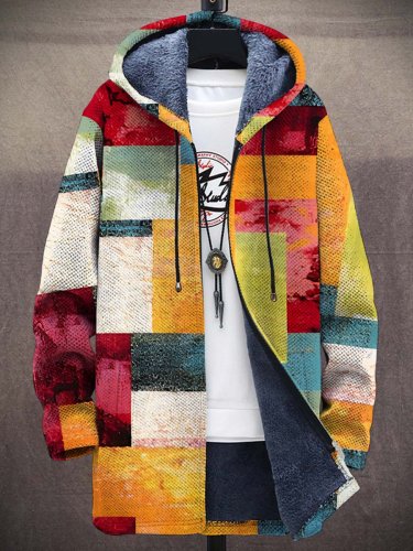 Unisex Plush Abstract Color Matching Art MulticolorThick Long-Sleeved Sweater Coat Cardigan