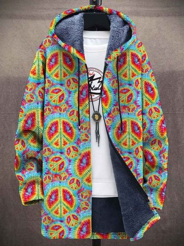 Men's Hippie Print Plush Thick Long-Sleeved Sweater Coat Cardigan
