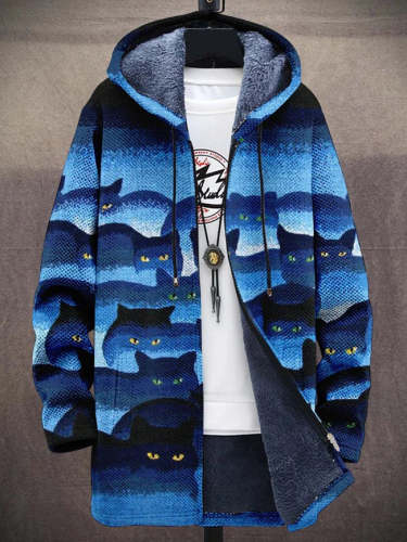 Men's Art Line Cat Fashion Gradient Plush Thick Long-Sleeved Sweater Coat Cardigan