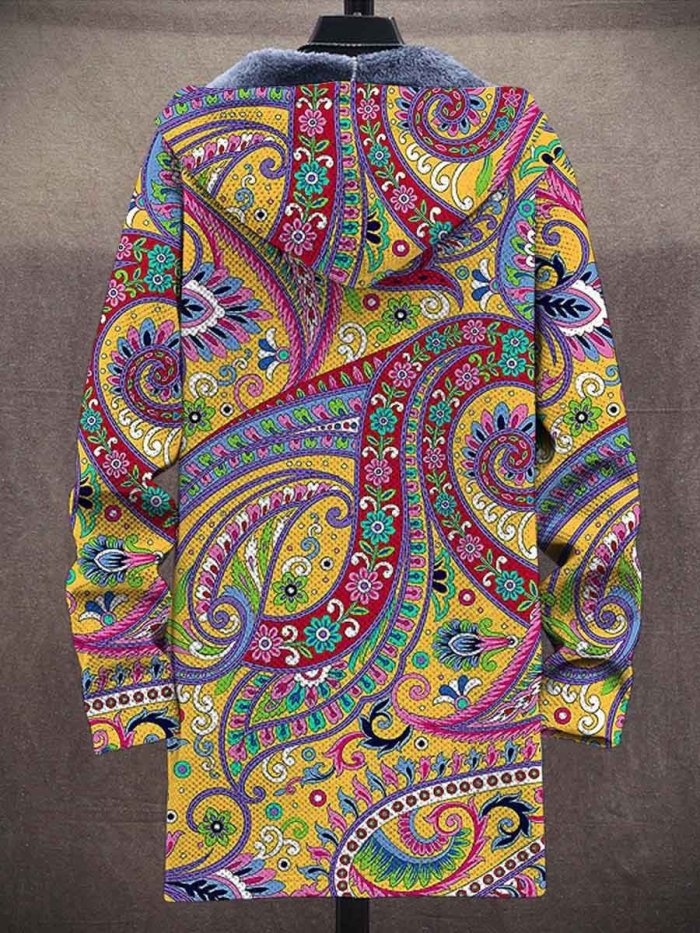 Men's Retro Paisley Art Print Plush Thick Long-Sleeved Sweater Coat Cardigan