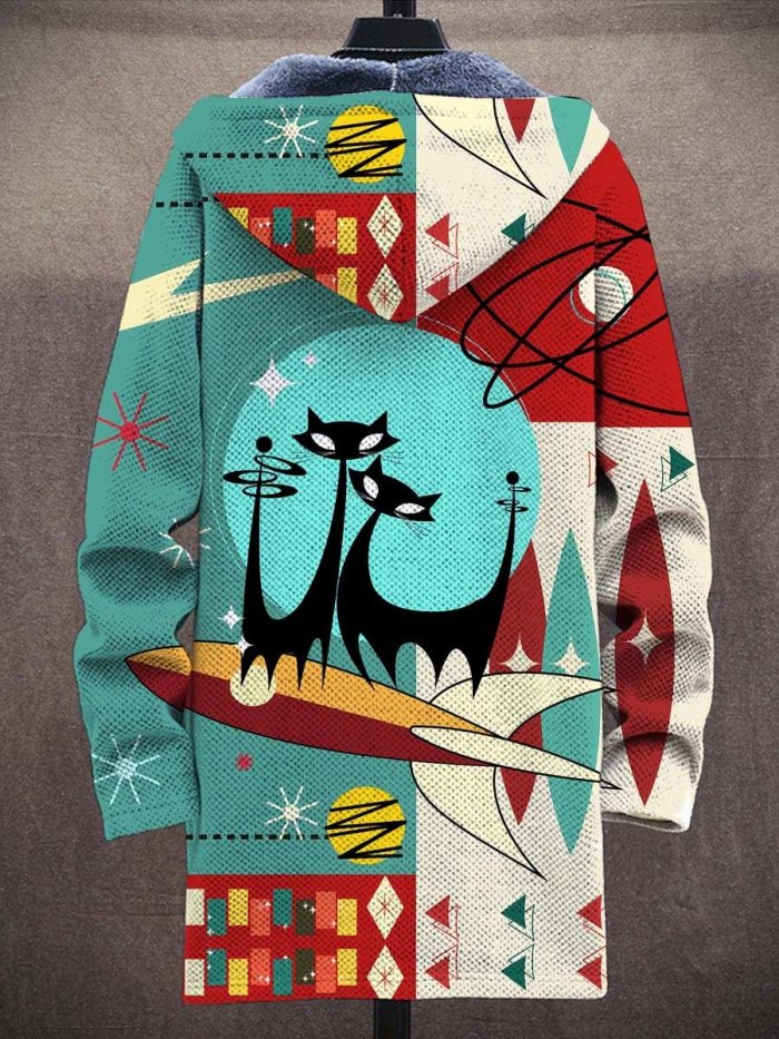 Men's Cat Print Plush Thick Long-Sleeved Sweater Coat Cardigan