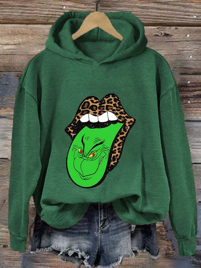 Women's Christmas Green Furry Monster Print Casual Hooded Sweatshirt